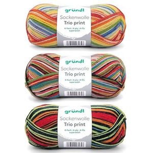 Gründl Trio 3 x 100 g sokkenwol (75% scheerwol (superwash), 25% polyamide), handleiding (mogelijk niet beschikbaar in het Nederlands), gekleurde strepen