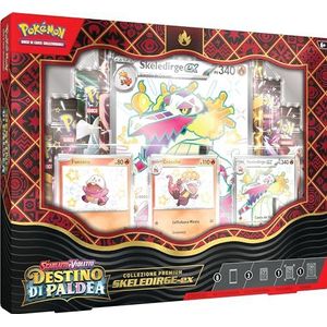 Pokémon Premium Skeledirge-Ex collectie van Paldea's Scarlet en Purple Expansion Destiny (3 holografische promotiekaarten, 1 reuzenkaart en 8 uitbreidingsenveloppen), editie in het Italiaans