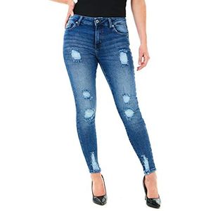 M17 Dames gescheurde jeans skinny fit classic casual stretch katoen met zakken, Donkerblauw gewassen.