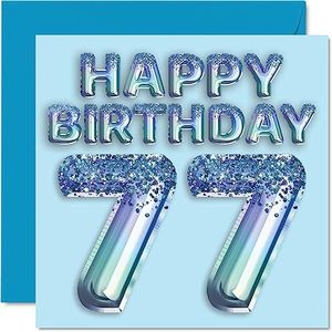 Verjaardagskaart 77e verjaardag heren - blauwe glitterfeestballon - verjaardagskaarten voor mannen van 77 jaar, overgrootvader, opa, opa, opa, opa, opa, opa, opa,