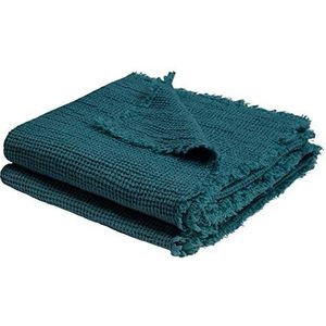 Honeybee - Zachte linnen deken - effen geweven deken met franjes van natuurlijke materialen - 170 x 230 cm - 790 diep pacific - per 'zoeppritz since 1828'