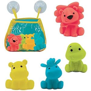 LUDI - 4 badsproeiers + 1 opbergnet – 4 sprinklerdieren om in bad of op het strand te spelen – babybadspeelgoed van zacht kunststof – vanaf 10 maanden