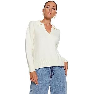 Trendyol Pull basique en tricot à col polo pour femme, ecru, M