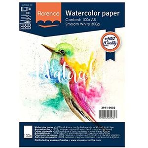 Vaessen creative Florence Aquarelpapier, warmgeperst, A5, wit, 300 g/m², kunstenaarskwaliteit, oppervlak Lisa, 100 vellen om te schilderen, handlettering, kunstprojecten en gladder, set onderdelen