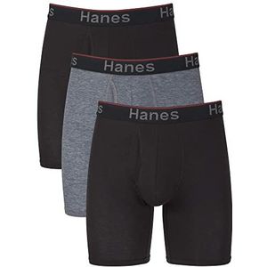 Hanes Hanes Heren Comfort Flex Fit Long Leg Volledige Ondersteuning Pouch Boxershorts voor heren, 3 stuks (3 stuks), Lange pijpen, grijs/zwart