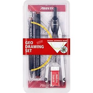 Aristo Geo AR80090 6-delige tekenset (passer en vulpotlood met reservevullingen 0,5 mm, pigmentstift 0,5 mm, zwart, gum, reservevullingen zilver/zwart