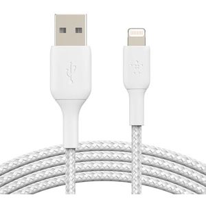 Belkin Lightning-kabel met gevlochten ommanteling (Lightning-naar USB-kabel voor iPhone, iPad, AirPods, MFi-gecertificeerde oplaadkabel voor iPhone, Lightning, 2 m, Wit)