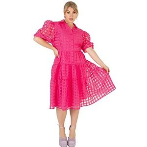 Lovedrobe Zomerjurk voor dames, midi-jurk met knopen en korte pofmouwen, organza-mesh-kraag, voor zomerfeest, kantoor, damesjurk, Roze