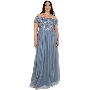 Maya Deluxe lange jurk ‚Bardot‘, marineblauw, bruidsmeisje, dames, Poeder Blauw