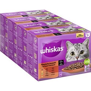 Whiskas 1 + kattenvoer naar klassieke keuze in saus, 12 x 85 g (4 verpakkingen) - hoogwaardig natvoer voor volwassen katten in 48 zakjes