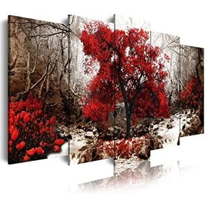 DekoArte 258 - moderne afbeeldingen kunstdruk op canvas, gedigitaliseerd, decoratief, voor uw woonkamer of slaapkamer | landschapsstijl achtergrond oker met rode bomen natuur | 5 stuks 150 x 80 cm