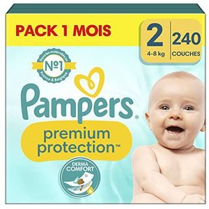 Pampers Couches Premium Protection Taille 2 (4-8 kg), 240 Couches Bébé, Pack 1 Mois, Notre N°1 Pour La Protection Des Peaux Sensibles