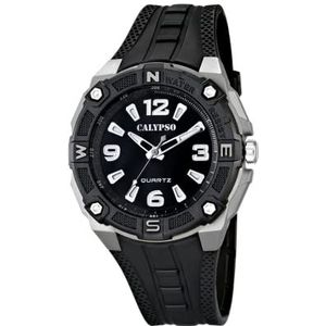 Calypso Watches-K5634/1 Herenhorloge, kwarts, analoog, lichtgevende wijzers, zwarte kunststof armband, zwart/zwart, klassiek, zwart/zwart, Klassiek