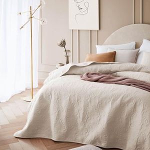 ROOM99 Leila Élégant couvre-lit crème 170 x 210 cm - Couverture polyvalente comme jeté de lit ou jeté de canapé, couverture pour lit et canapé, couvre-lit de style patchwork, idéal comme couvre-lit