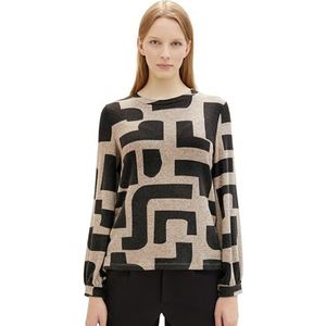 TOM TAILOR 1038171 T-shirt met lange mouwen voor dames, 35137-beige zwarte geometrische print