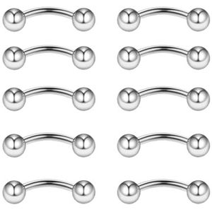 Gojewen 10 stuks gebogen barbells voor wenkbrauwen, lippen, rook, helix, tragus, brug, buikring, piercing 16 g, roestvrij staal, 6 mm, 8 mm, 10 mm, Roestvrij staal