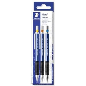 STAEDTLER Mars Micro 775 SC WP3 3 stuks rubberen vulpotlood met 3 lijnbreedtes 0,3, 0,5 en 0,7 blauw, navulbaar, schokbestendig, hoge kwaliteit