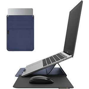 NOVOO RT13 4-in-1 Laptophoes van leer, waterdicht, ergonomische standaard, kaartsleuven, muismat, compatibel met MacBook Air/Pro 13 inch, marineblauw