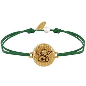 LES POULETTES BIJOUX - Armband met medaille, rond, gehamerd, messing, goud, engel Raphael - donkergroen, textiel, Textiel