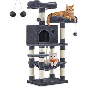 Feandrea Krabpaal voor katten, hoogte 112 cm, speeltoren voor katten, met 11 krabpalen, 2 platforms, 1 nis, 1 hangmat, 2 pompons, van pluche stof, meerdere niveaus, donkergrijs PCT215G01