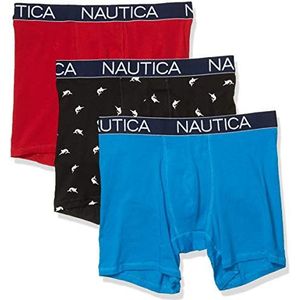 Nautica Set van 3 klassieke boxershorts van stretchkatoen, nauwsluitende boxershorts voor heren (3 stuks), Nautica rood/capri/zwaardvis bedrukt zwart
