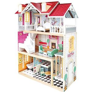 Bino Groot houten poppenhuis voor kinderen vanaf 3 jaar (accessoires voor kinderkamer, speelgoedhuis met poppenhuis-accessoires, 5 stuks, 3 speelniveaus, 111 stuks)
