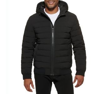 DKNY Gewatteerde jas met capuchon voor heren, Mat zwart uittrekbaar