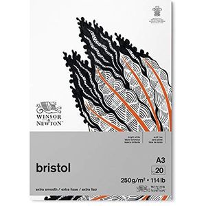 Winsor & Newton 6661546 Bristol tekenpapier, 20 vellen, DIN A3, 250 g/m², aan de bovenkant gelijmd, wit glanzend papier voor tekeningen met technische pennen, fijne viltstiften, inkt,