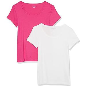 Amazon Essentials Set van 2 T-shirts voor dames met korte mouwen en ronde hals, slim fit, wit/donkerroze, maat L