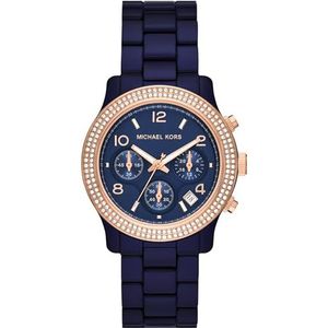 Michael Kors Dameshorloge, Runway chronograaf uurwerk, acetaat horloge met 38 mm kastgrootte, Donkerblauw, Klassiek