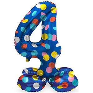 Folat 64784 Verjaardagsballon, cijfers, staand met 4 kleurrijke punten, blauw met kleurrijke stippen, 41 cm, verjaardagsdecoratie, ballonnummer, geen helium nodig, kleurrijk