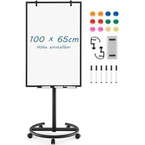 FANTASK Whiteboard, magneethouder, op wielen, 100 x 65 cm, in hoogte verstelbaar tot 192 cm, droog afwisbaar, met ronde houder, magneten, markers en gum
