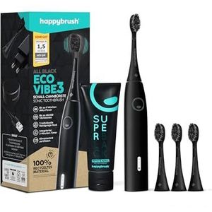 happybrush® Elektrische sonische tandenborstel Eco VIBE 3 - Duurzame tandenborstel met 6 weken power batterij incl. 3 opzetborstels en tandpasta - Zwart