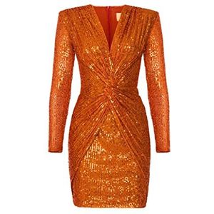 Swing Fashion Mini-jurk voor dames, elegante jurk, feestjurk, avondjurk, trouwjurk, korte jurk, paillettenjurk, V-hals, lange mouwen, oranje, 38 (M), oranje, M, Oranje