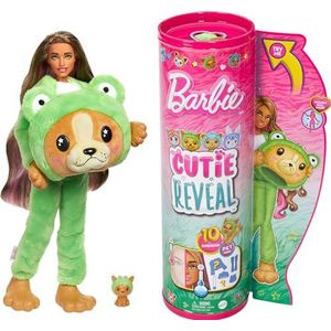 Barbie HRK24 Cutie Reveal Set met beweegbare pop, kastanjebruin met roze lonten, puppy in kikker, 10 verrassingen en accessoires, om te verzamelen, speelgoed voor kinderen, vanaf 3 jaar