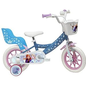Vélo ATLAS Fiets 12 inch voor meisjes, ijskoningin/Frozen uitgerust met 1 rem, mand voor, poppenhouder achter, spatbescherming, behuizing en stabilisatoren, hemelsblauw