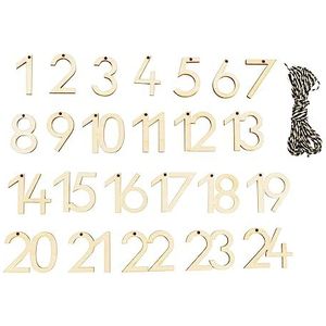 Rayher Houten adventskalendercijfers cijfers 1-24, hoogte 3 cm, jute koord 3,5 m, houten cijfers voor adventskalender, FSC-gecertificeerd, 46723505