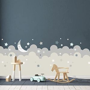 Muursticker voor kinderen, goede nacht, afmetingen: 100 x 280 cm, decoratie voor kinderkamer, gemaakt in Italië, zelfklevend, maan en bewolkt, muursticker, enorme wolken