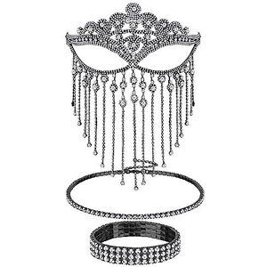 Kakonia Set van 3 strass-sieraden voor dames, met kristallen pompon, maskerademasker, tennis, choker, halsketting, rekbare armband voor bruiloft, balfeest