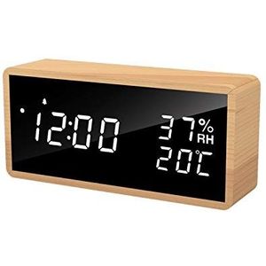 Flysocks Digitale houten wekker, digitale klok met 3 alarminstellingen, elektronische wekker, stroomvoorziening via USB, sluimerwekker, led-weergave van tijd, temperatuur en luchtvochtigheid, wit