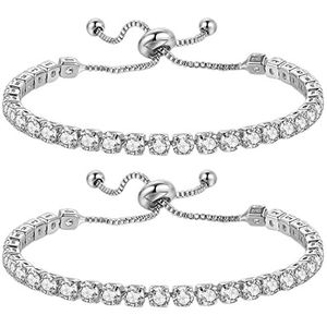 JewelryWe 2 stuks damesarmband met zirkoniastenarmband, tennisarmband, armband, armband, sieraden, cadeau voor moeder, vriendin, 23 centimeters, roestvrij staal, metaal