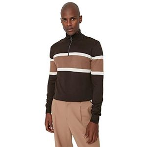 Trendyol Slim Fit trui met opstaande kraag en kleurblokken, trainingspak, heren, bruin, L, Bruin