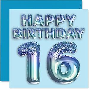 Verjaardagskaart 16e verjaardag jongens - blauwe glitter feestballon - verjaardagskaarten voor jongen 16 jaar, kleinzoon, broer, neef, 145 mm x 145 mm, wenskaarten voor