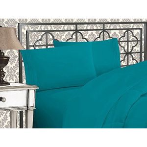 Elegant Comfort Zacht beddengoed, 4-delig, 1500 dradenaantal 3-regels borduurwerk, vouwen en vervagen voor groot bed, turquoise