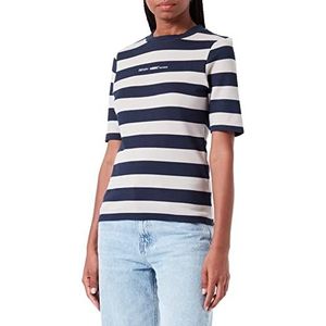 TOM TAILOR Denim Dames T-shirt met opstaande kraag en opdruk, 30346 blokstrepen beige navy blauw, L, 30346 blokstrepen beige navy