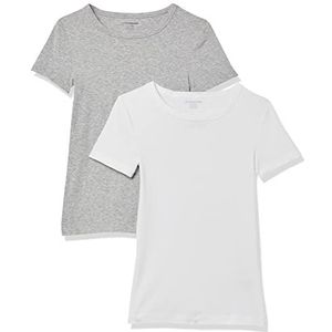 Amazon Essentials Set van 2 T-shirts voor dames met korte mouwen en ronde hals, slim fit, wit/lichtgrijs gemêleerd, maat M
