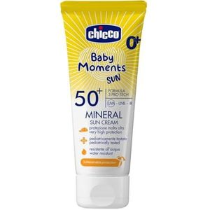 Chicco Crème solaire minérale SPF 50 + pour enfants, résistante à l'eau, excellente protection contre les UVA, UVB et infrarouges, 0 mois + 75 ml