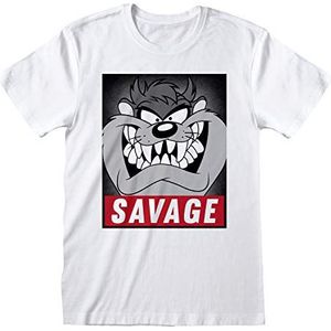 Looney Tunes Taz Savage T-shirt voor dames, boyfriend snit, officieel product, S-XXL, Tazmanian Devil Loose Baggy Classic Character Crew Neck Graphic Tee verjaardagscadeau voor vrouwen, wit, 3XL, Wit.