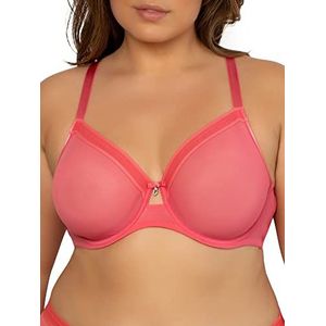 Curvy Couture Transparante mesh beugelbeha, volledige bedekking, ongevoerd, volledig bedekkende beha voor dames, Sun Kissed Coral