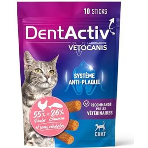 Vetocanis | Dentactiv | Tandstick voor katten | Kattentraktaties | Hygiëne en gezondheid van katten | Rijk aan vlees en vis | 55% kip 26% zalm | Aanbevolen door dierenartsen | Anti-plaque systeem